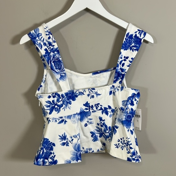 Anthropologie Maeve Square Neck Peplum Tank Top Blue White Pattern Sz L NEW - Picture 6 of 11